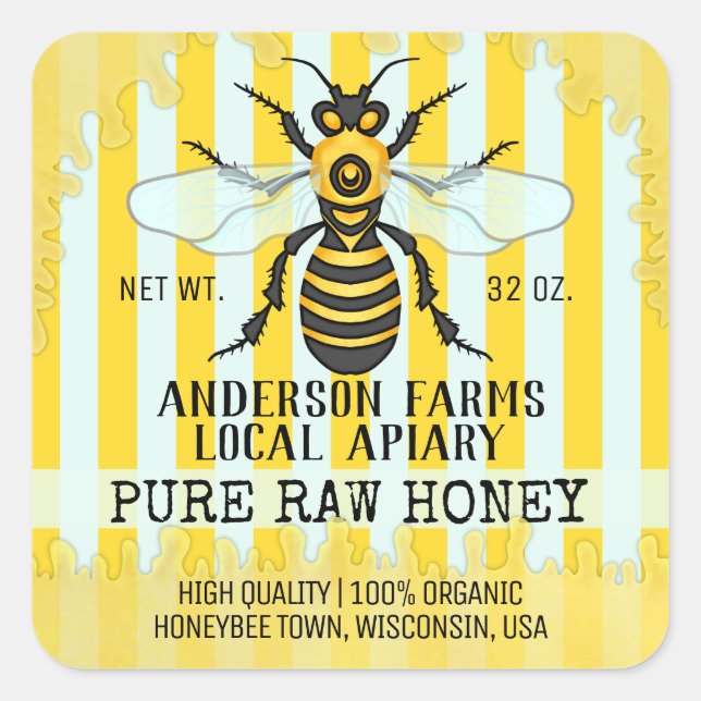 Apiary Bee Honey Jar Labels | Honigbiene gestreift Quadratischer Aufkleber (Vorderseite)