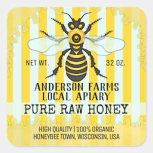 Apiary Bee Honey Jar Labels   Honigbiene gestreift Quadratischer Aufkleber
