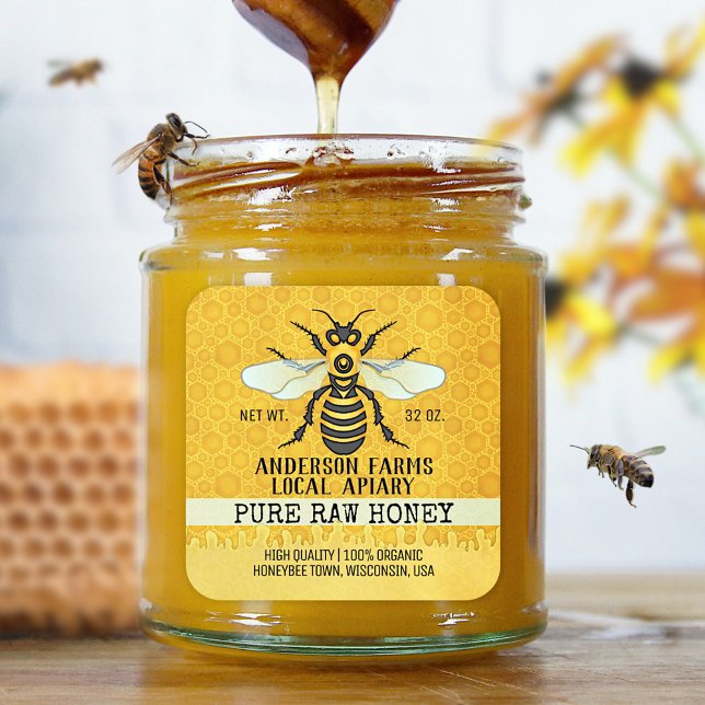Apiary Honey Jar Labels | Honigbiene Honeycomb Bee Quadratischer Aufkleber (Von Creator hochgeladen)