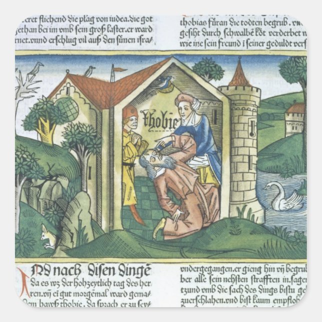 Apocrypha: Tobit is blinded by sparrow's droppings Quadratischer Aufkleber (Vorderseite)