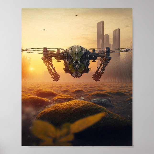 Apokalyptische Flying Drone während des Sonnenaufg Poster (Vorne)