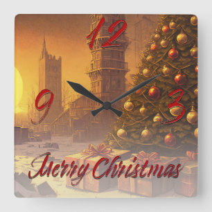 Apokalyptische Weihnachtsmotif, mit Geschenken Quadratische Wanduhr