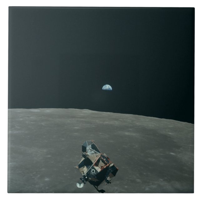 Apollo Lunar Lander und Erdaufgang über dem Mond Fliese (Vorderseite)