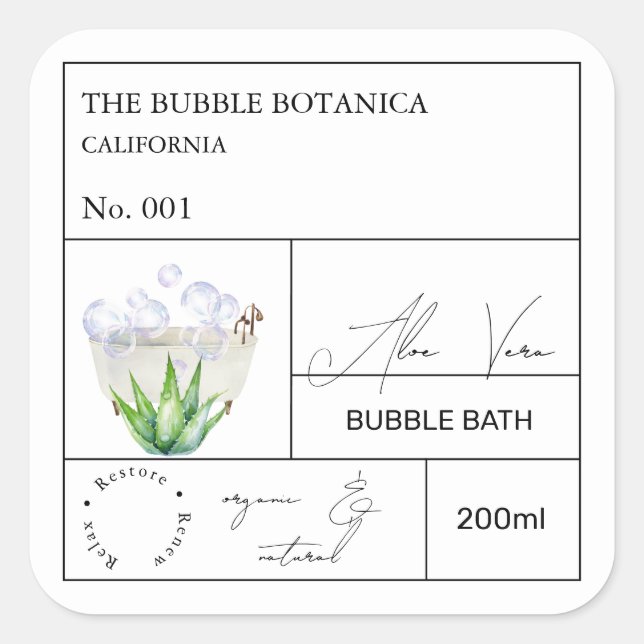 Apothecary Aloe Vera Bubble Bath Label Quadratischer Aufkleber (Vorderseite)