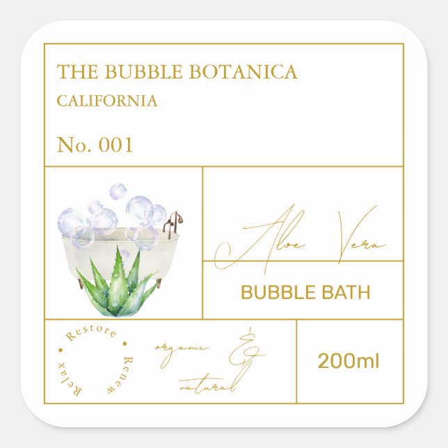 Apothecary Aloe Vera Bubble Bath Label Quadratischer Aufkleber (Vorderseite)