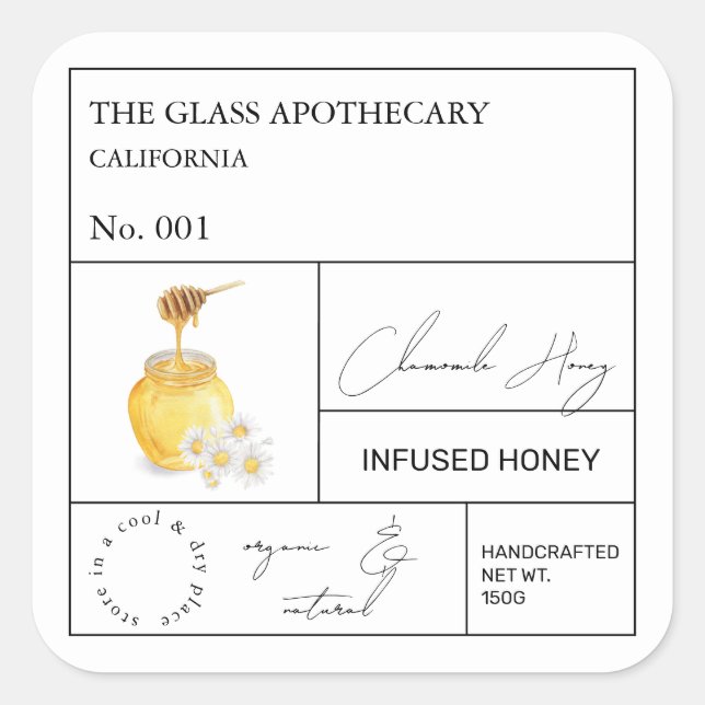 Apothecary Chamomile Infted Honey Label Quadratischer Aufkleber (Vorderseite)