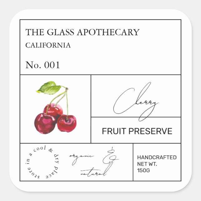Apothecary Cherry Label Quadratischer Aufkleber (Vorderseite)