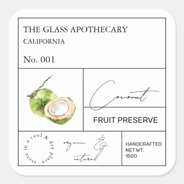 Apothecary Coconut Label Quadratischer Aufkleber (Vorderseite)