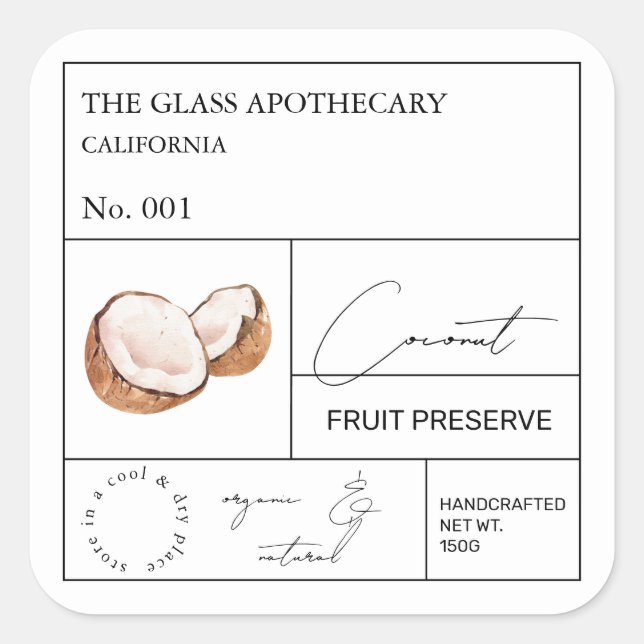 Apothecary Coconut Label Quadratischer Aufkleber (Vorderseite)