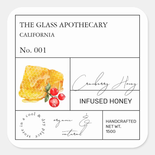 Apothecary Cranberry Infted Honey Label Quadratischer Aufkleber (Vorderseite)