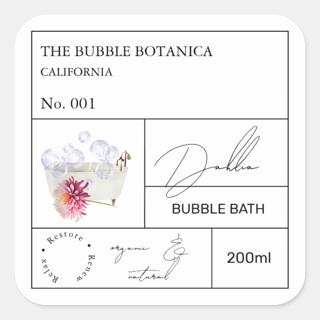 Apothecary Dahlia Bubble Bath Label Quadratischer Aufkleber (Vorderseite)
