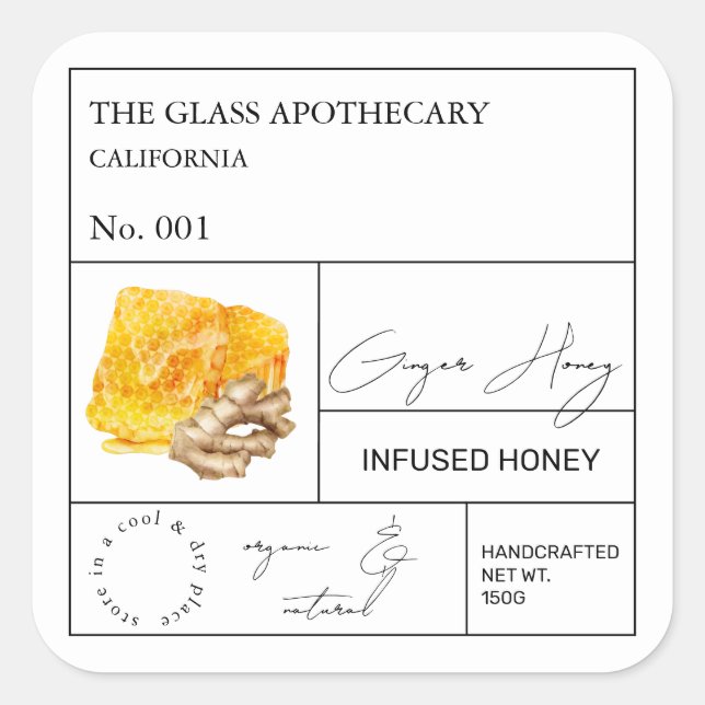 Apothecary Ginger Root Infatum Honey Label Quadratischer Aufkleber (Vorderseite)