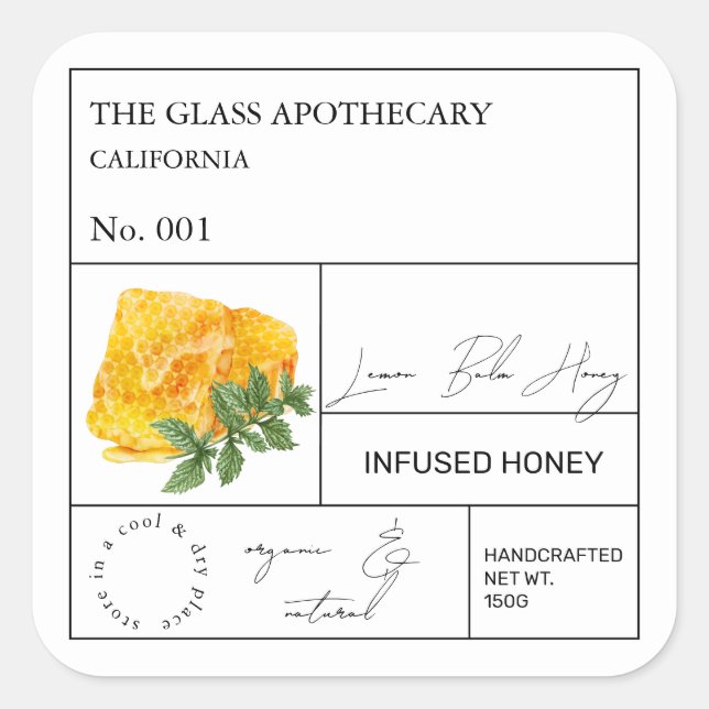 Apothecary Lemon Balm Infanterie Honey Label Quadratischer Aufkleber (Vorderseite)