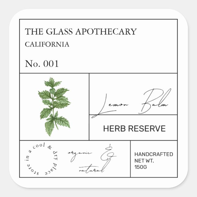 Apothecary Lemon Balm Label Quadratischer Aufkleber (Vorderseite)