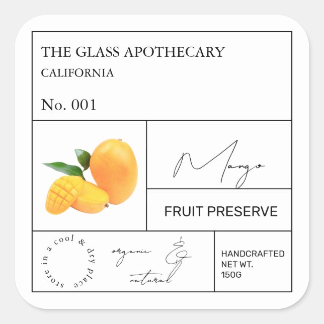 Apothecary Mango Label Quadratischer Aufkleber (Vorderseite)