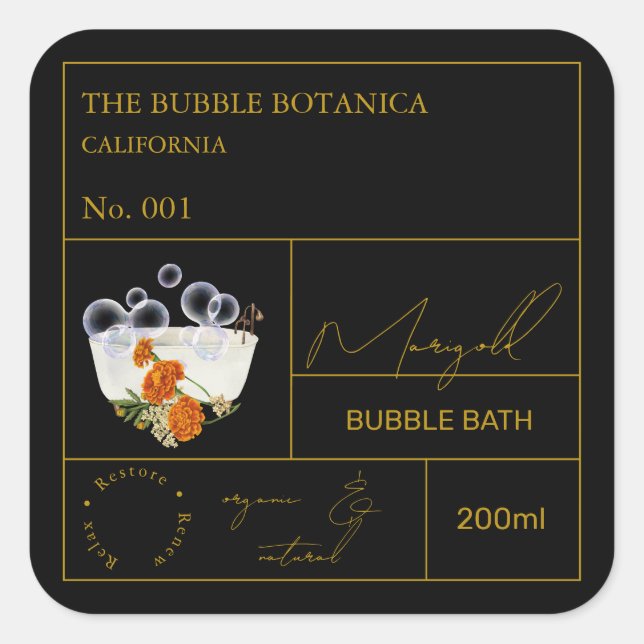 Apothecary Marigold Bubble Bath Label Quadratischer Aufkleber (Vorderseite)
