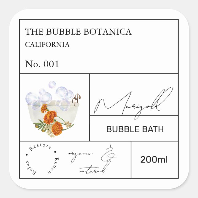 Apothecary Marigold Bubble Bath Label Quadratischer Aufkleber (Vorderseite)