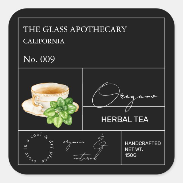 Apothecary Oregano Herbal Tea  Label Quadratischer Aufkleber (Vorderseite)