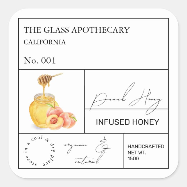 Apothecary Peach Infted Honey Label Quadratischer Aufkleber (Vorderseite)
