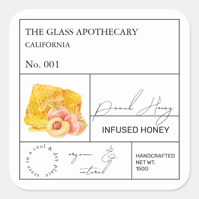 Apothecary Peach Infted Honey Label Quadratischer Aufkleber (Vorderseite)