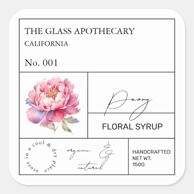 Apothecary Peony Label Quadratischer Aufkleber (Vorderseite)