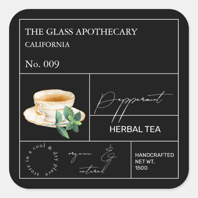 Apothecary Peppermint Herbal Tea  Label Quadratischer Aufkleber (Vorderseite)