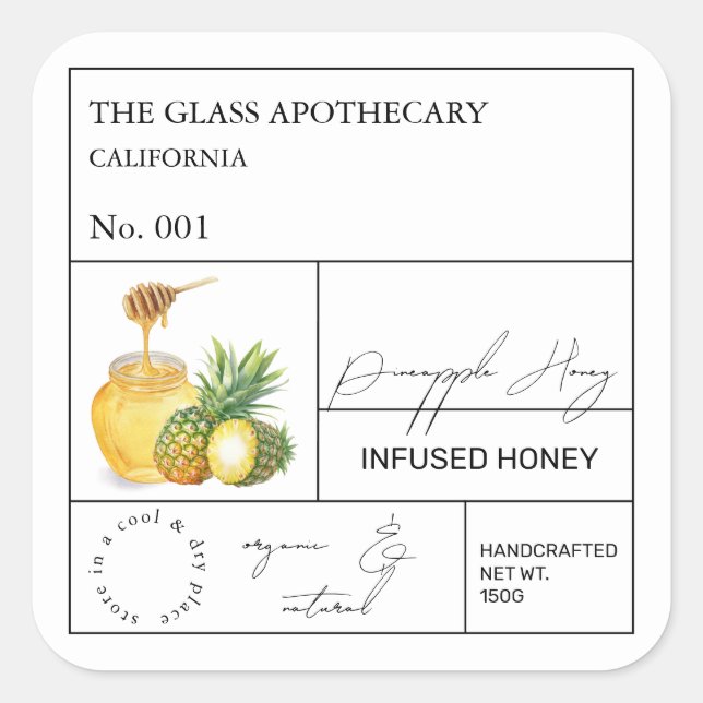 Apothecary Pineapse Infused Honey Label Quadratischer Aufkleber (Vorderseite)