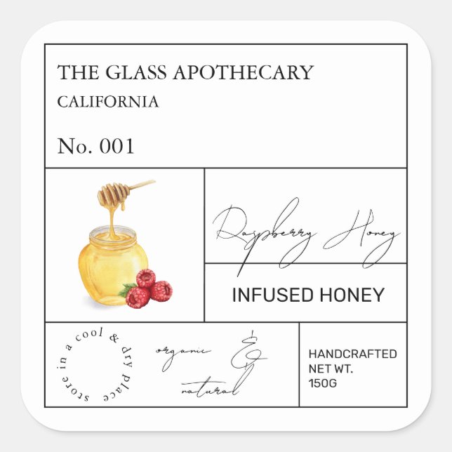 Apothecary Raspberry Infused Honey Label Quadratischer Aufkleber (Vorderseite)