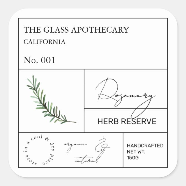 Apothecary Rosemary Label Quadratischer Aufkleber (Vorderseite)