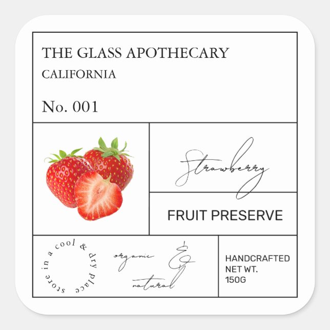 Apothecary Strawberry Label Quadratischer Aufkleber (Vorderseite)