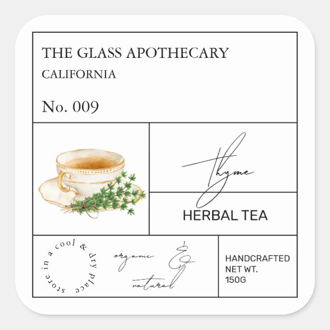 Apothecary Thyme Herbal Tea  Label Quadratischer Aufkleber (Vorderseite)