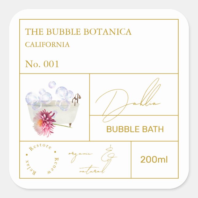 Apotheker-Dahlia-Schaumbad-Label Quadratischer Aufkleber (Vorderseite)