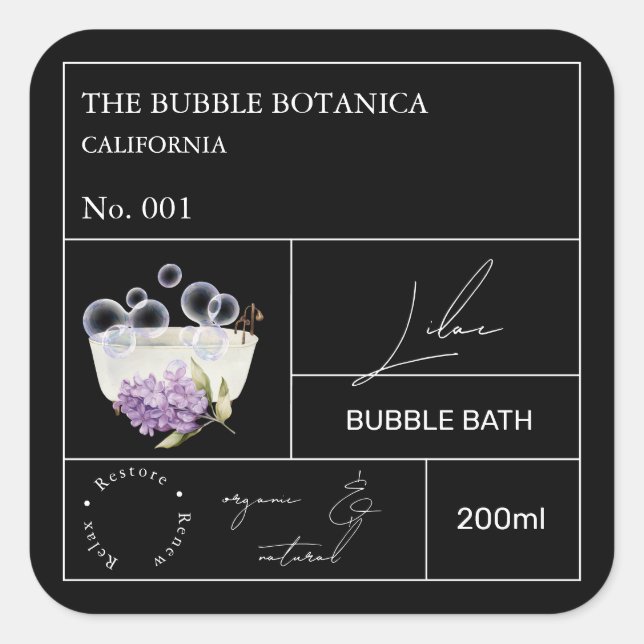 Apotheker Flieder Bubble Bath Etikett Quadratischer Aufkleber (Vorderseite)