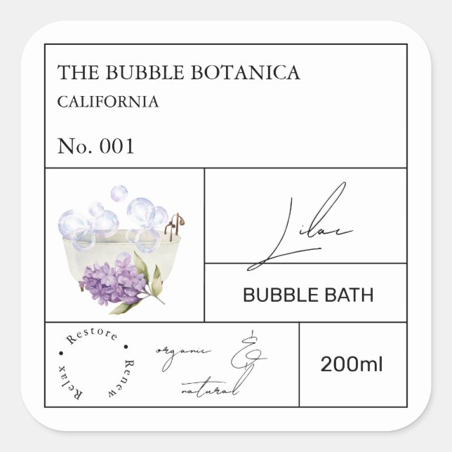 Apotheker Flieder Bubble Bath Etikett Quadratischer Aufkleber (Vorderseite)
