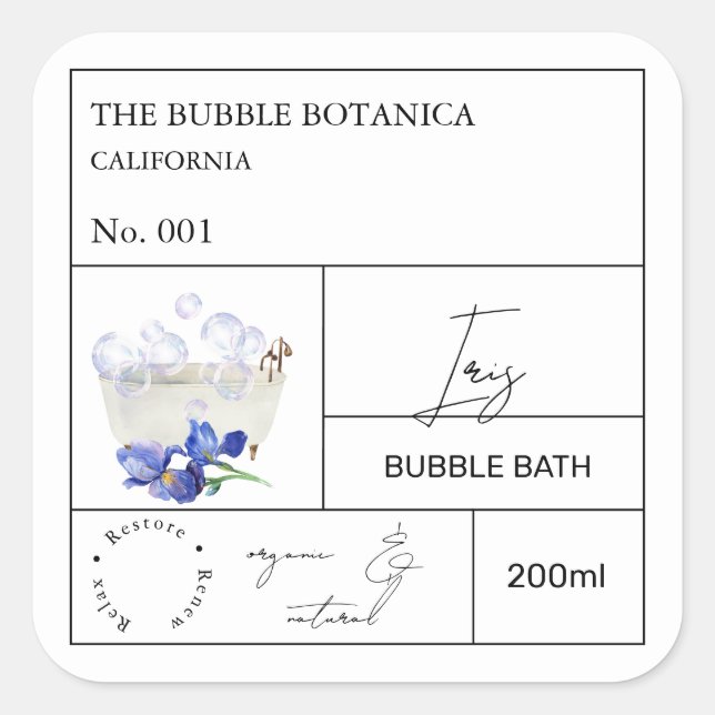Apotheker-Iris-Schaumbad-Label Quadratischer Aufkleber (Vorderseite)