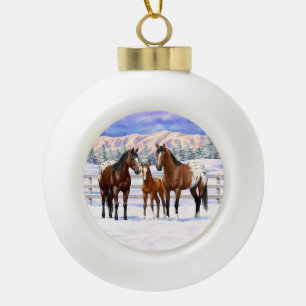Appaloosa brauner Bucht Pferde im Schnee Keramik Kugel-Ornament