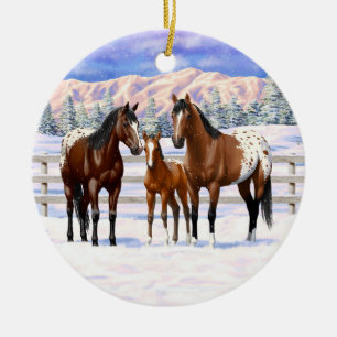 Appaloosa brauner Bucht Pferde im Schnee Keramik Ornament