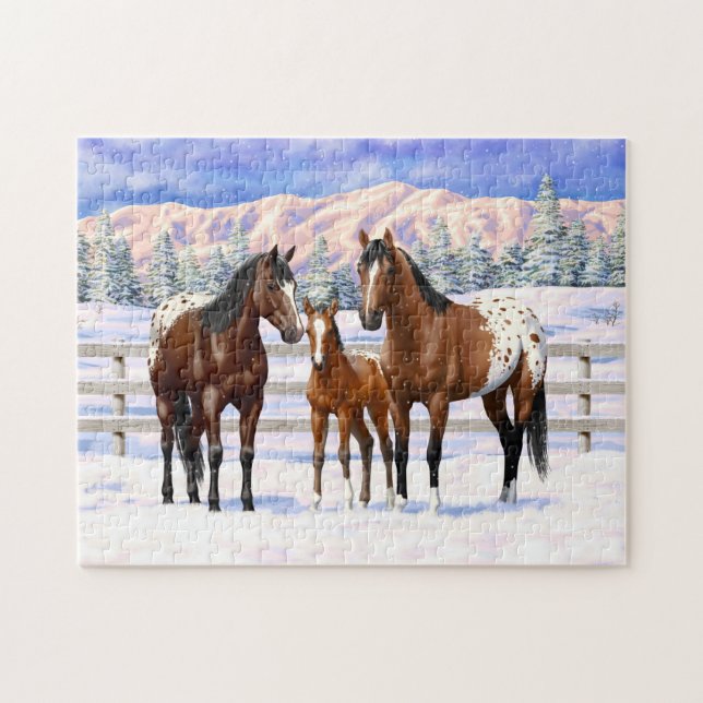 Appaloosa brauner Bucht Pferde im Schnee Puzzle (Horizontal)