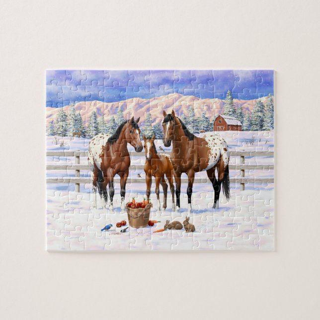 Appaloosa brauner Bucht Pferde im Schnee Puzzle (Horizontal)