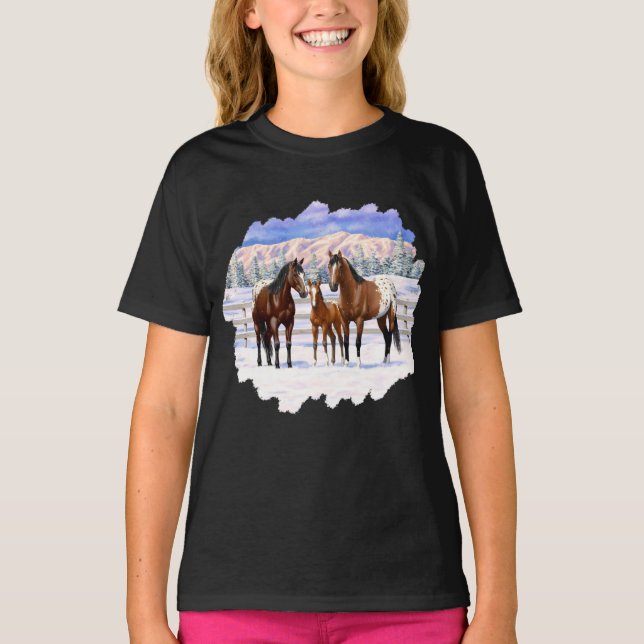 Appaloosa brauner Bucht Pferde im Schnee T-Shirt (Vorderseite)