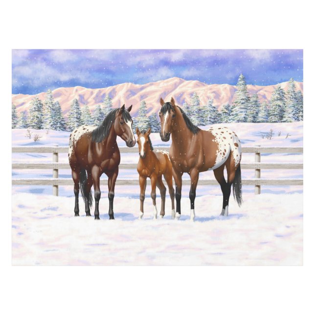 Appaloosa brauner Bucht Pferde im Schnee Tischdecke (Vorderseite (Horizontal))