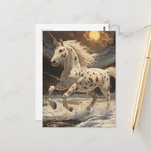 Appaloosa Einhorn auf dem Mondlicht Schneeberg Postkarte (Vorderseite/Rückseite Beispiel)