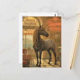 Appaloosa-Einhorn in einem Diner mit Spaghetti-Mäh Postkarte