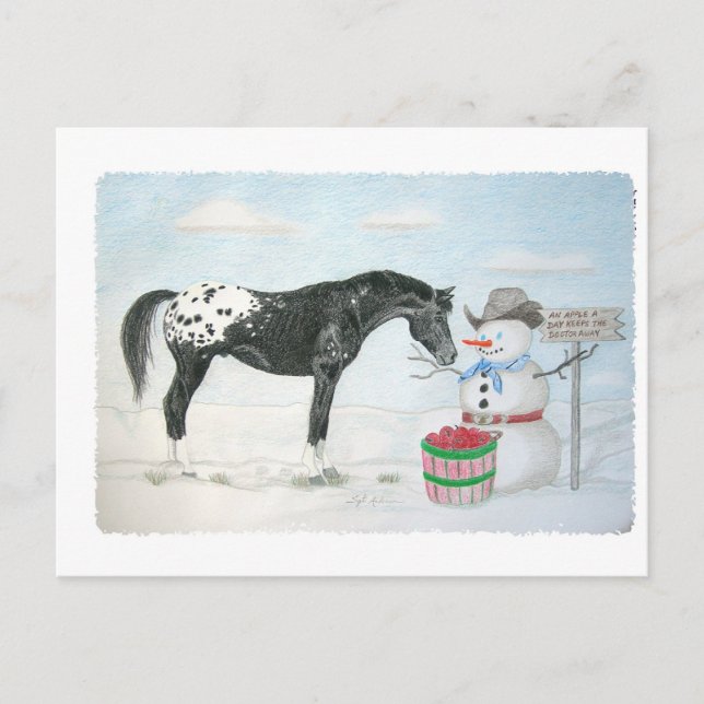 Appaloosa Pferd mit Schneemann, rechteckig Postkarte (Vorderseite)