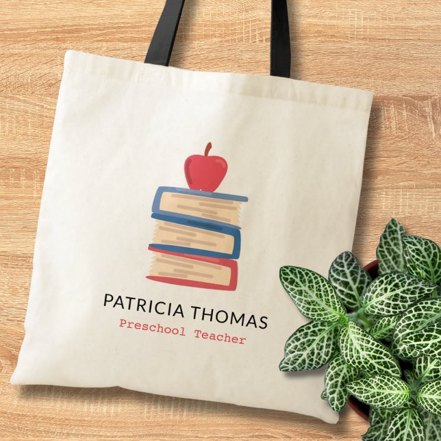Apple and Books Custom Preschool Teacher Name Tragetasche (Von Creator hochgeladen)