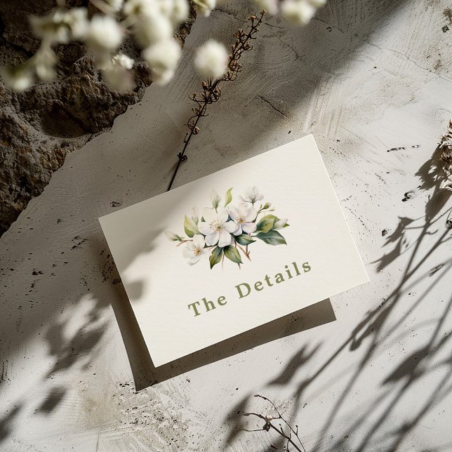 Apple Blossom Blume Die Details Umschließkarte Begleitkarte (Delicate and pretty "The Details" wedding card with painted style white apple blossom flowers)