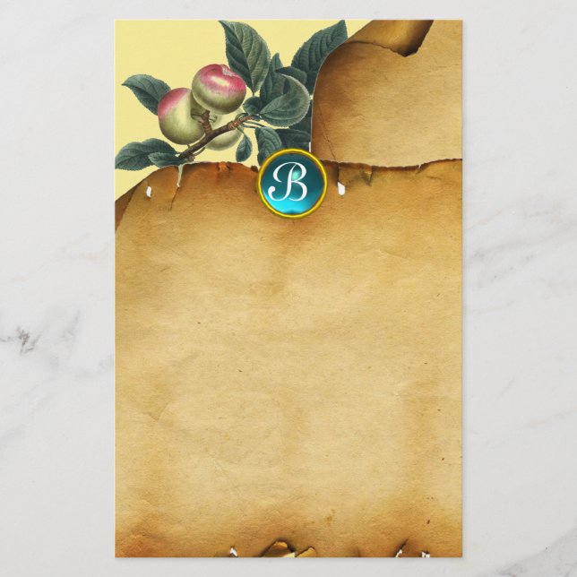 APPLE BRANCH, Pergament Blue Gemstone Monogram Briefpapier (Vorderseite)