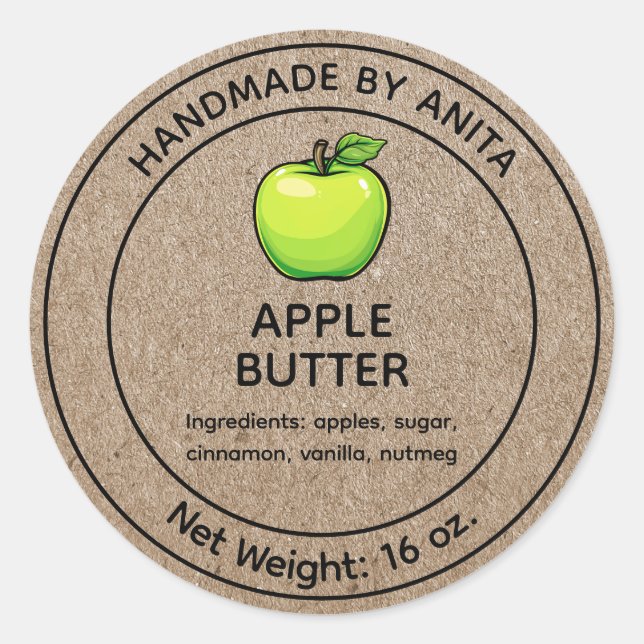 Apple Butter Jelly Jar Label Kraft Papier Stil Runder Aufkleber (Vorderseite)