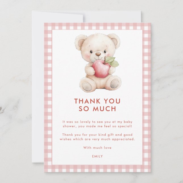 Apple Eye Gingham Bear Baby Shower Danke Karte (Vorderseite)