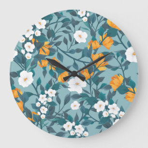 Apple Floral: Blühendes Mustermotiv. Große Wanduhr